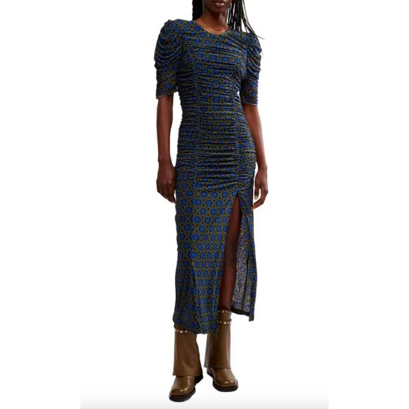 Free People Brielle Midi Dress Mesh Ruched Side Slit Blue Green Printed M NWT - Picture 1 of 10